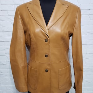 Veste en cuir véritable pour femme : veste boutonnée marron avec poches