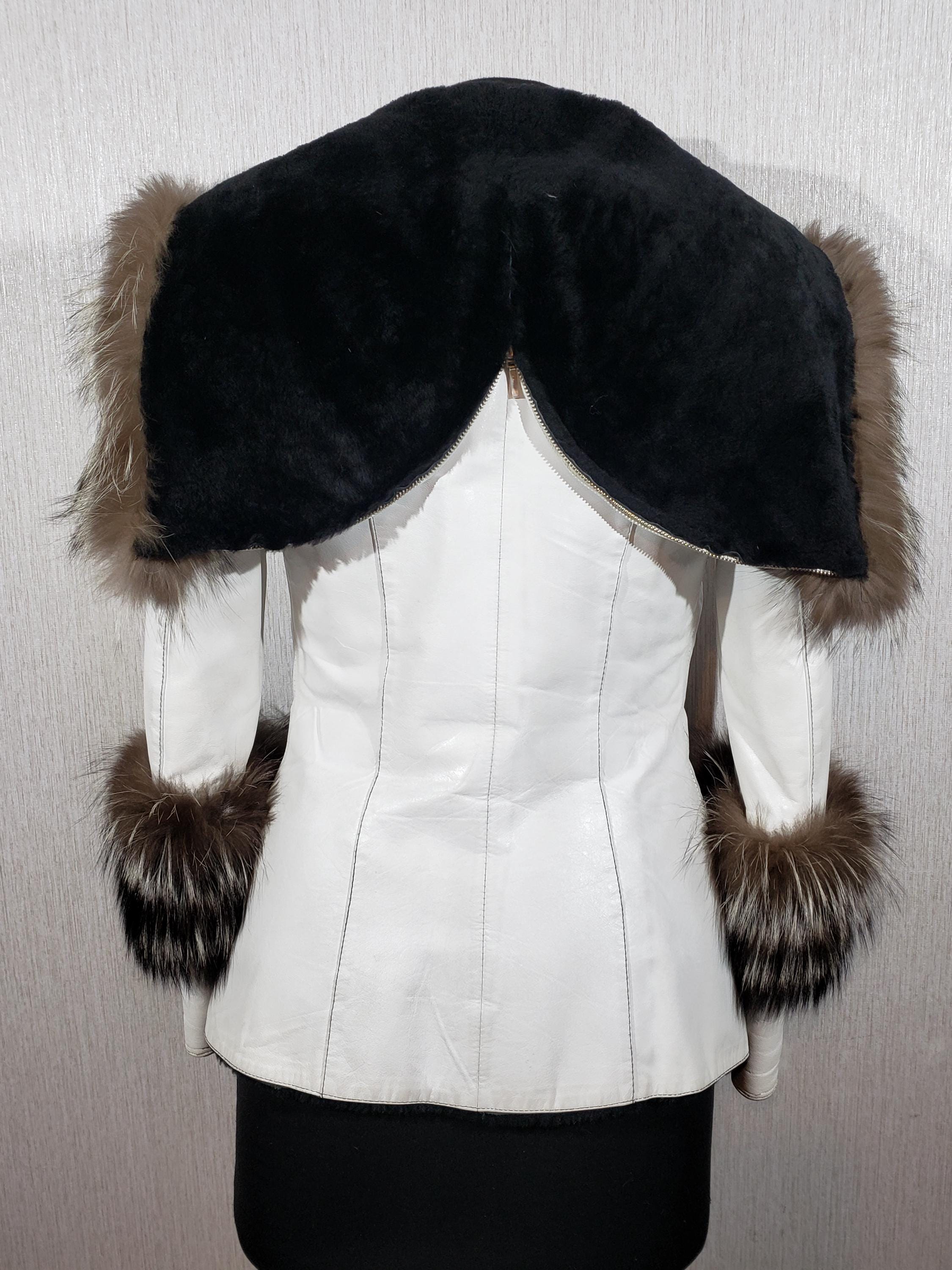 Genuine Sheepskin Leather Jacket With Silver Fox Fur Hood 
