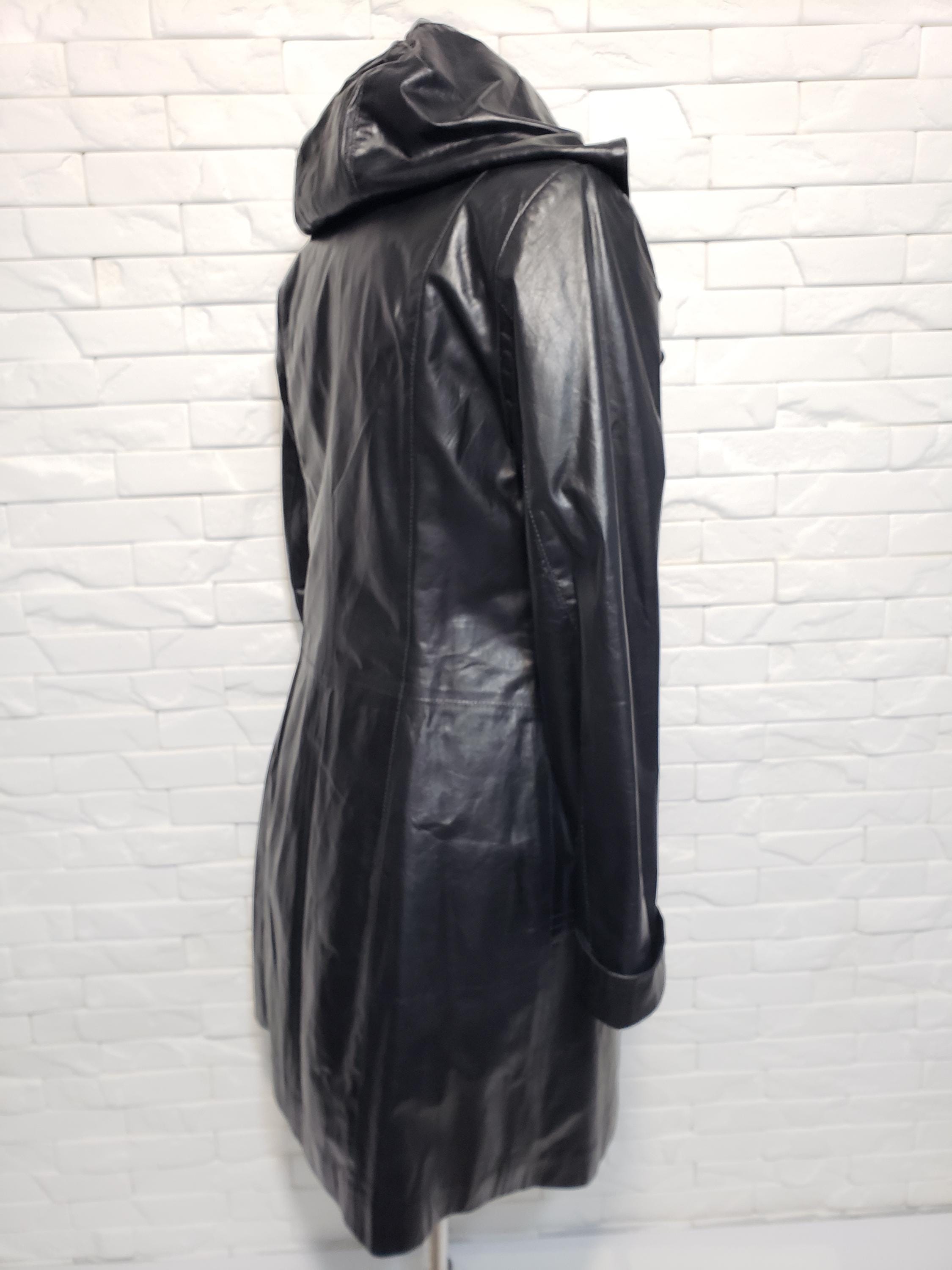 フード付きブラックレザーコート - レディースロングラインジャケット