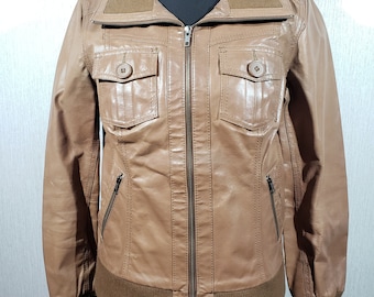 Brown Leather Women's Jacket: Sporty Zip-Up with Pockets