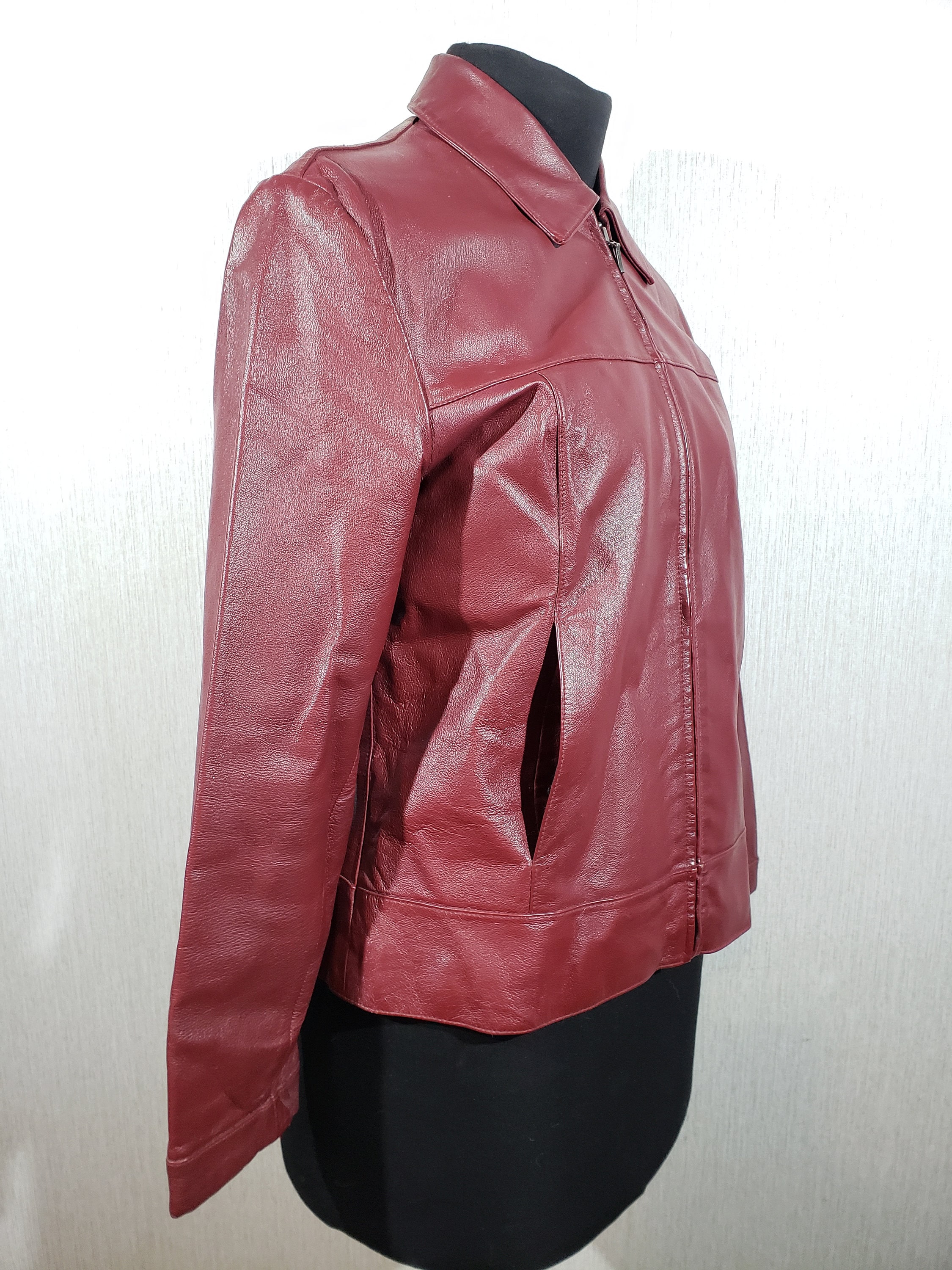 Veste En Cuir Bordeau Vintage Pour Femme - Taille S, Doublure Amovible, Occasion