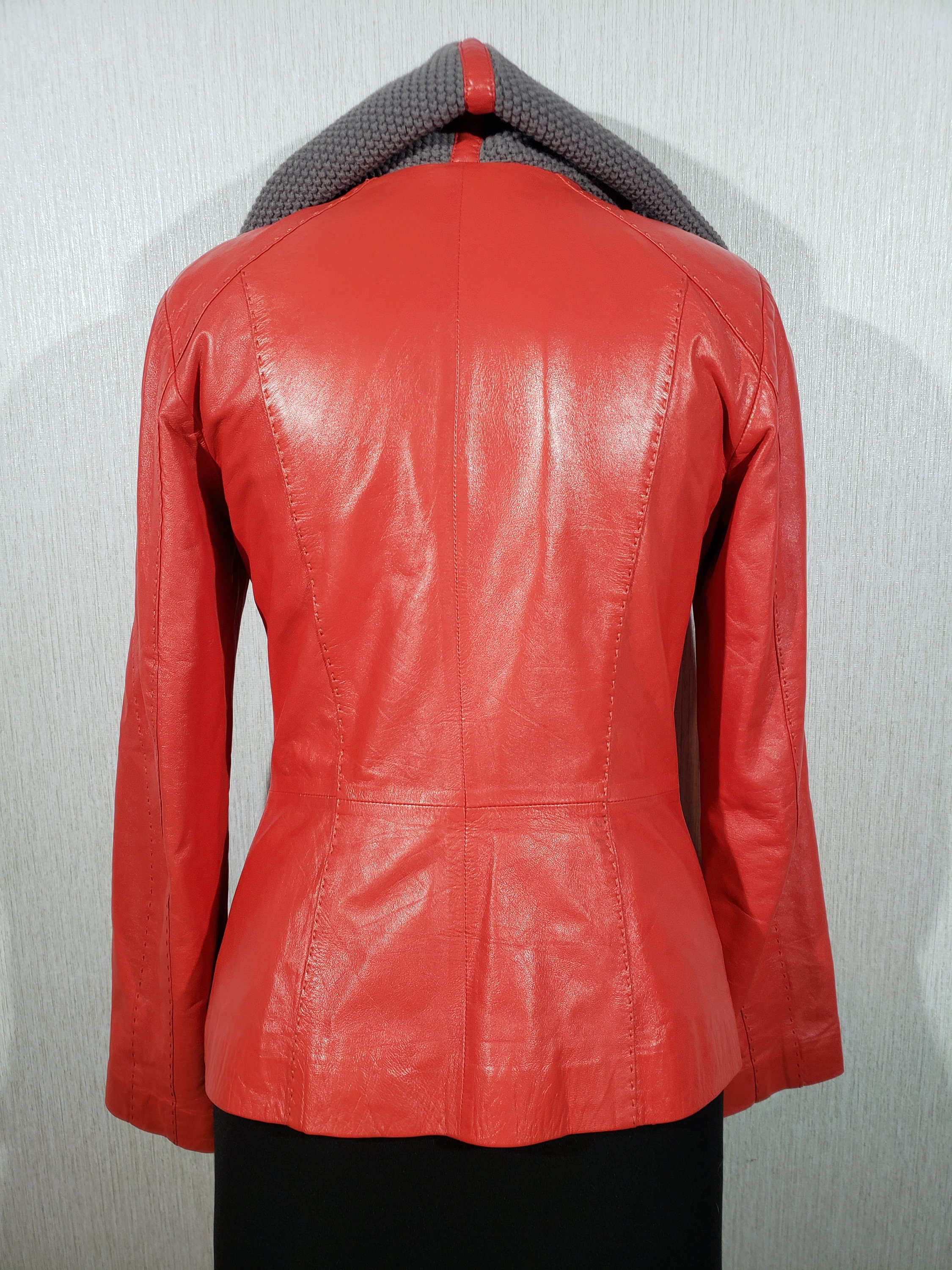 Vintage Red Leather Jacket With Knitted Hood, Metal Zipper - Etsy