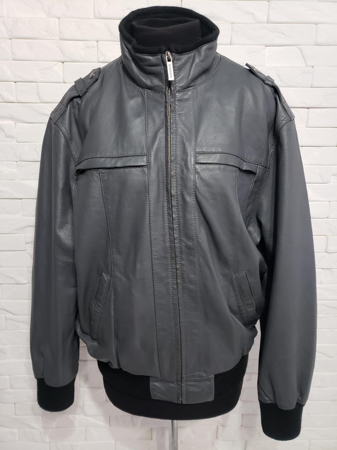 Dark Gray Leather Jacket: Men's Zipper Moto Jacket With Knit