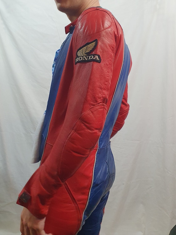 Legendary men's leather jumpsuit. Red-blue jumpsui