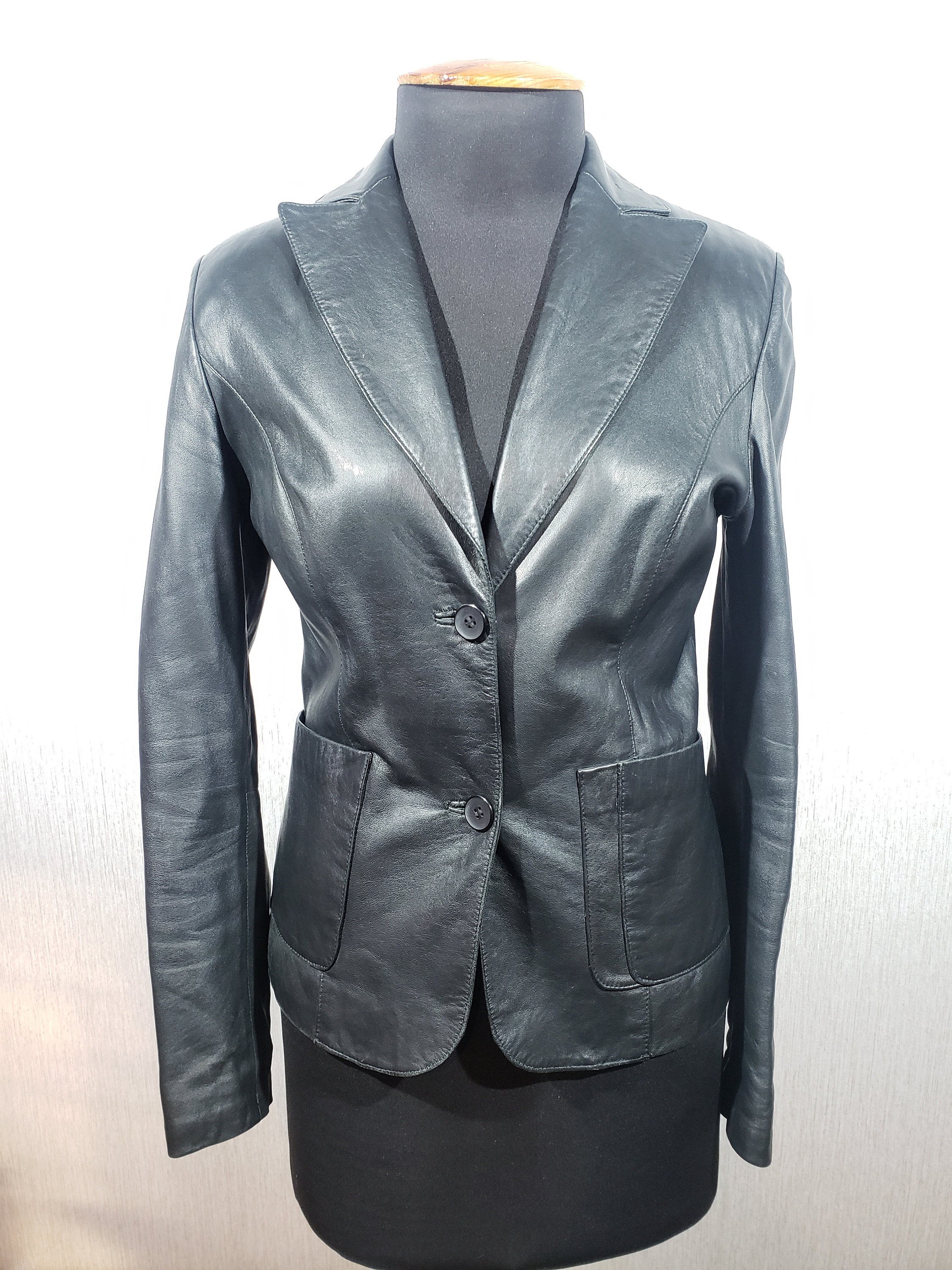 Veste Femme En Cuir Noir Marine Old Navy - Taille S, Boutonnée, Mi-longue, Doublée, Occasion Très Bon état