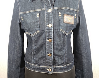 Women's Dark Blue Denim Jacket: Gold Button Cotton Jean Jacket