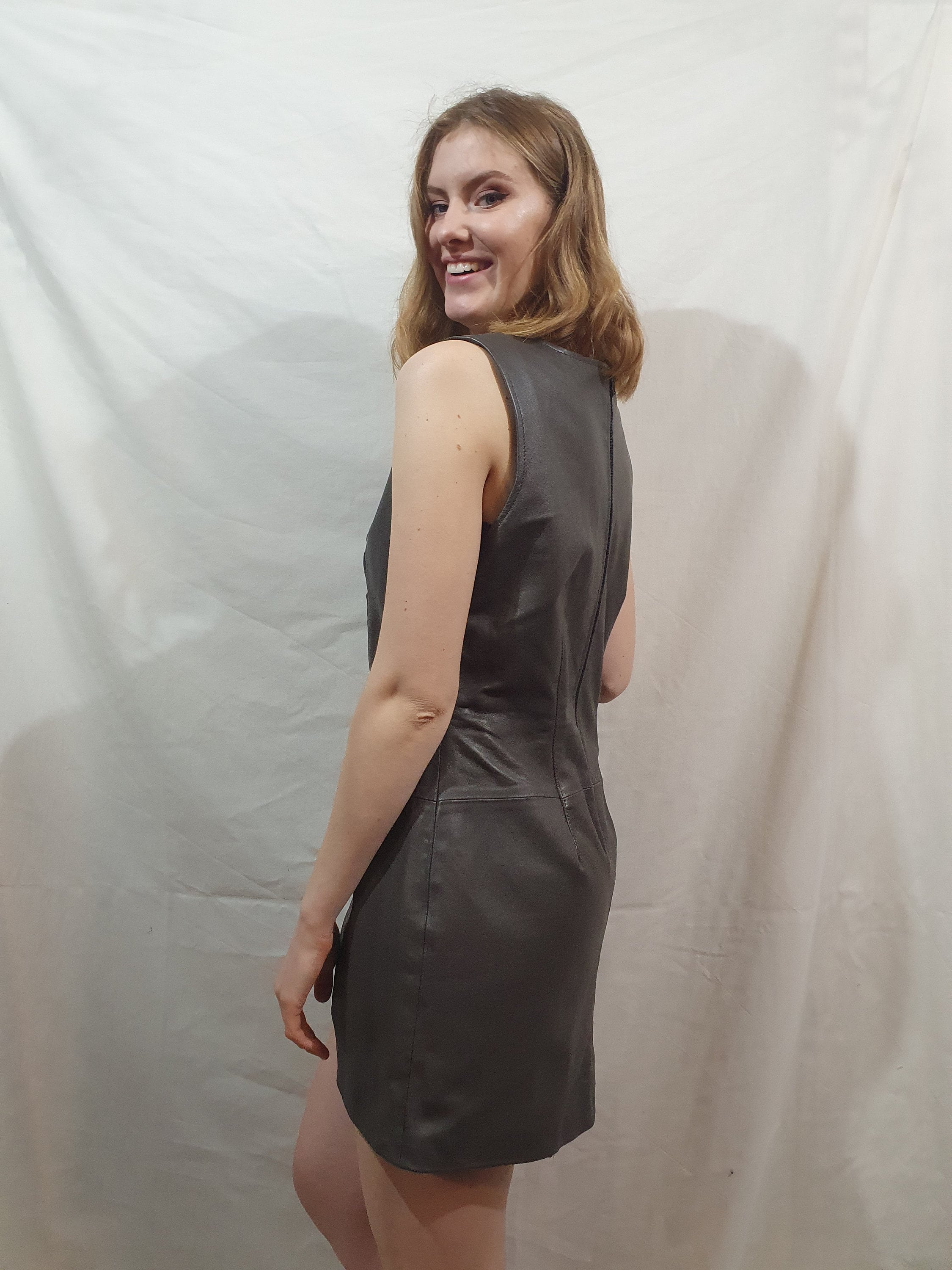 gray leather dress Classy Grey Button Down Women Leather Shirt Dress S / Black