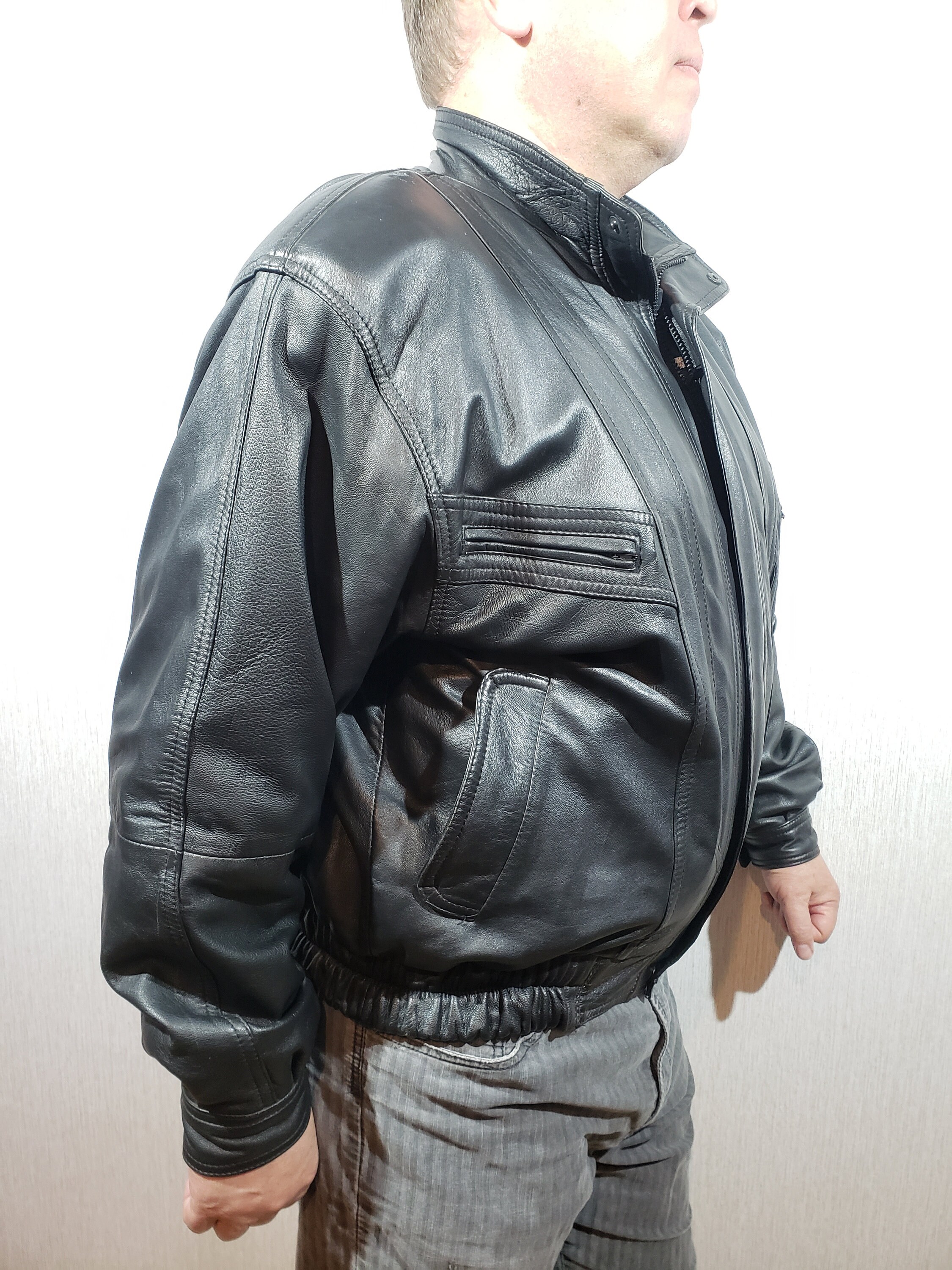 Men's Leather Jacket With a Zipper. Black Men's Bomber