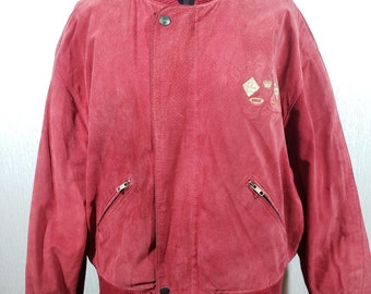 Vintage Red Suede Bomber Jacket: Men's Metal Zip Leather Jacket