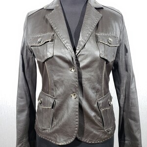 Veste en cuir marron : blazer pour femme en cuir véritable avec surpiqûres décoratives