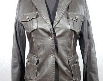 Brown Leather Jacket: Women's Genuine Leather Blazer with Decorative Stitching