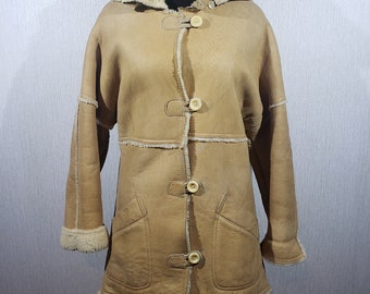 Vintage Sheepskin Coat: Women's Light Brown Hooded Jacket