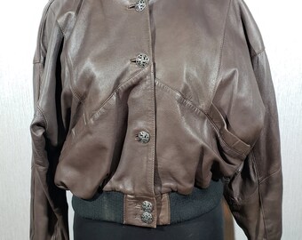 80s Brown Batwing Vintage Leather Bomber Jacket Men's Unisex