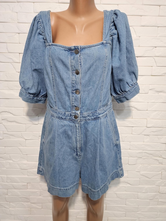 Vintage Blue Denim Jumpsuit: Women's Cotton Romper, Metal Button Detail