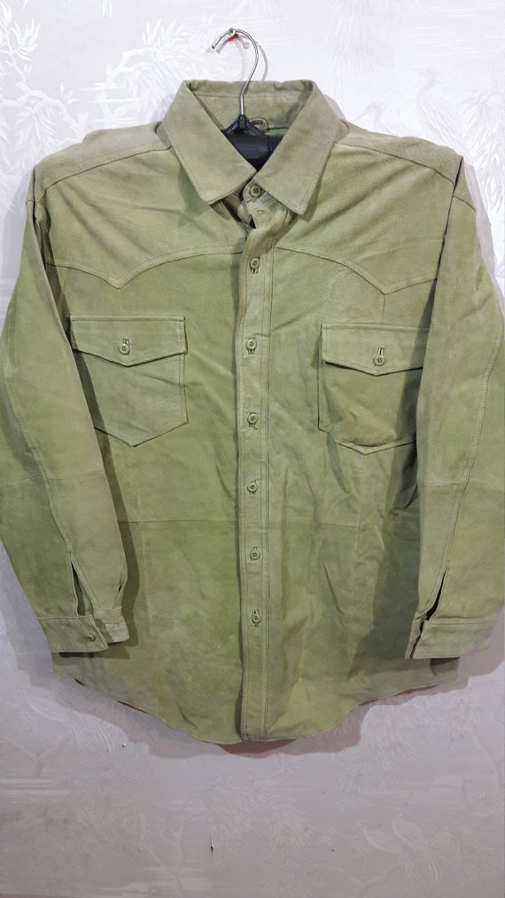 Men's leather button-down shirt. Light green suede