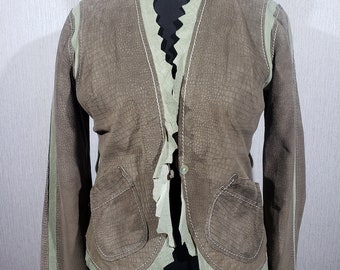 Green Suede Leather Jacket: Reptile Print Ruffle Trim