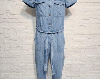 Combinaison en jean : Combi-short en coton bleu avec poches pour femme