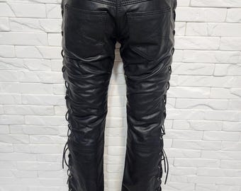 Genuine Leather Lace-up Biker Pants - Women's Black Denim Style - Etsy