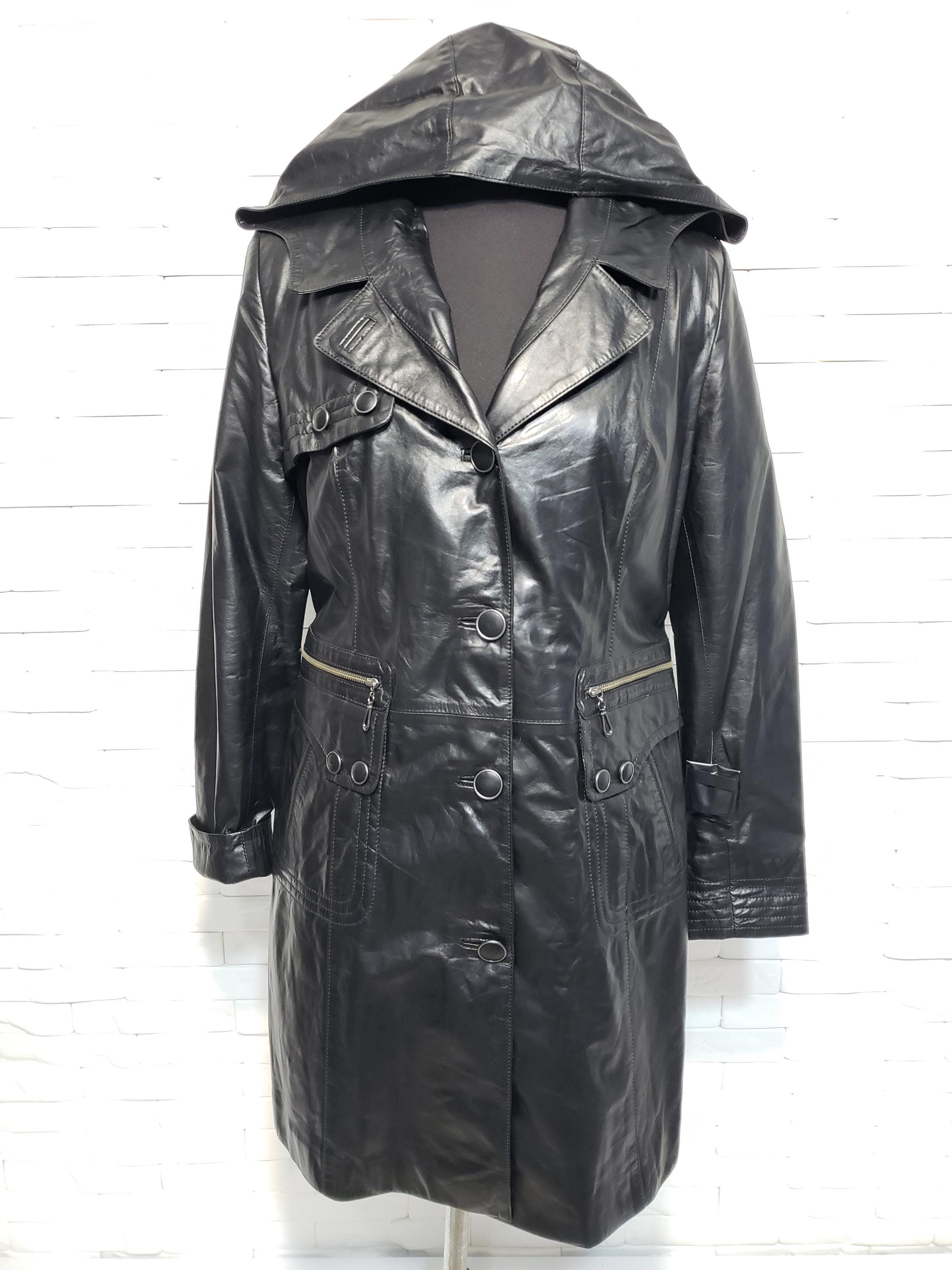 フード付きブラックレザーコート - レディースロングラインジャケット