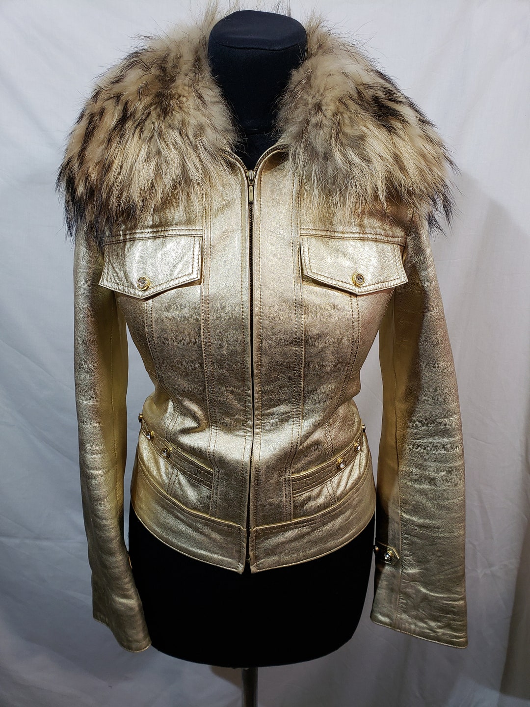 GOLD レザージャケット Gold Leather Jacket: Women's Vintage Fur Collar Rhinestone Accents