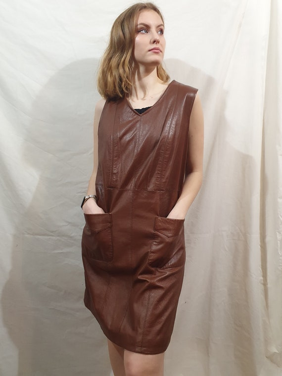 Vintage Brown Leather Dress: Sleeveless Mini with Pockets