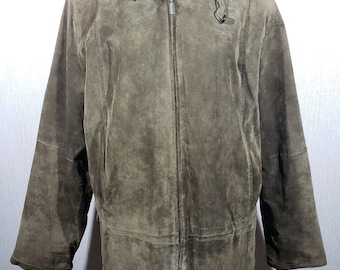 May include: Olive green suede jacket with a hood. The jacket has a full-length zipper and drawstrings on the hood. The jacket is displayed on a mannequin. The jacket has a soft, textured appearance.