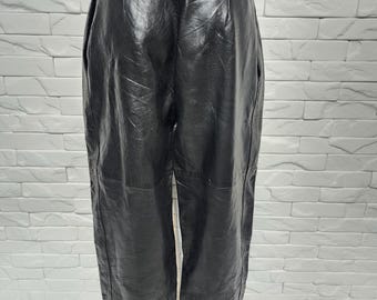 Vintage Black Leather Men's Pants: Wrinkled Genuine Leather, Metal