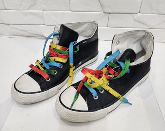 Black Leather Women's Sneakers: Classic Design, Multi-Colored Laces