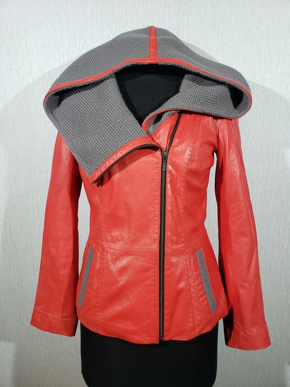 Vintage Red Leather Jacket With Knitted Hood, Metal Zipper - Etsy