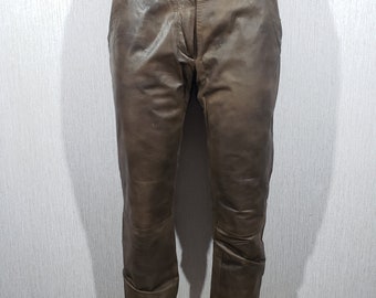 Vintage Brown Leather Pants: Women's Genuine Leather Trousers with Pockets