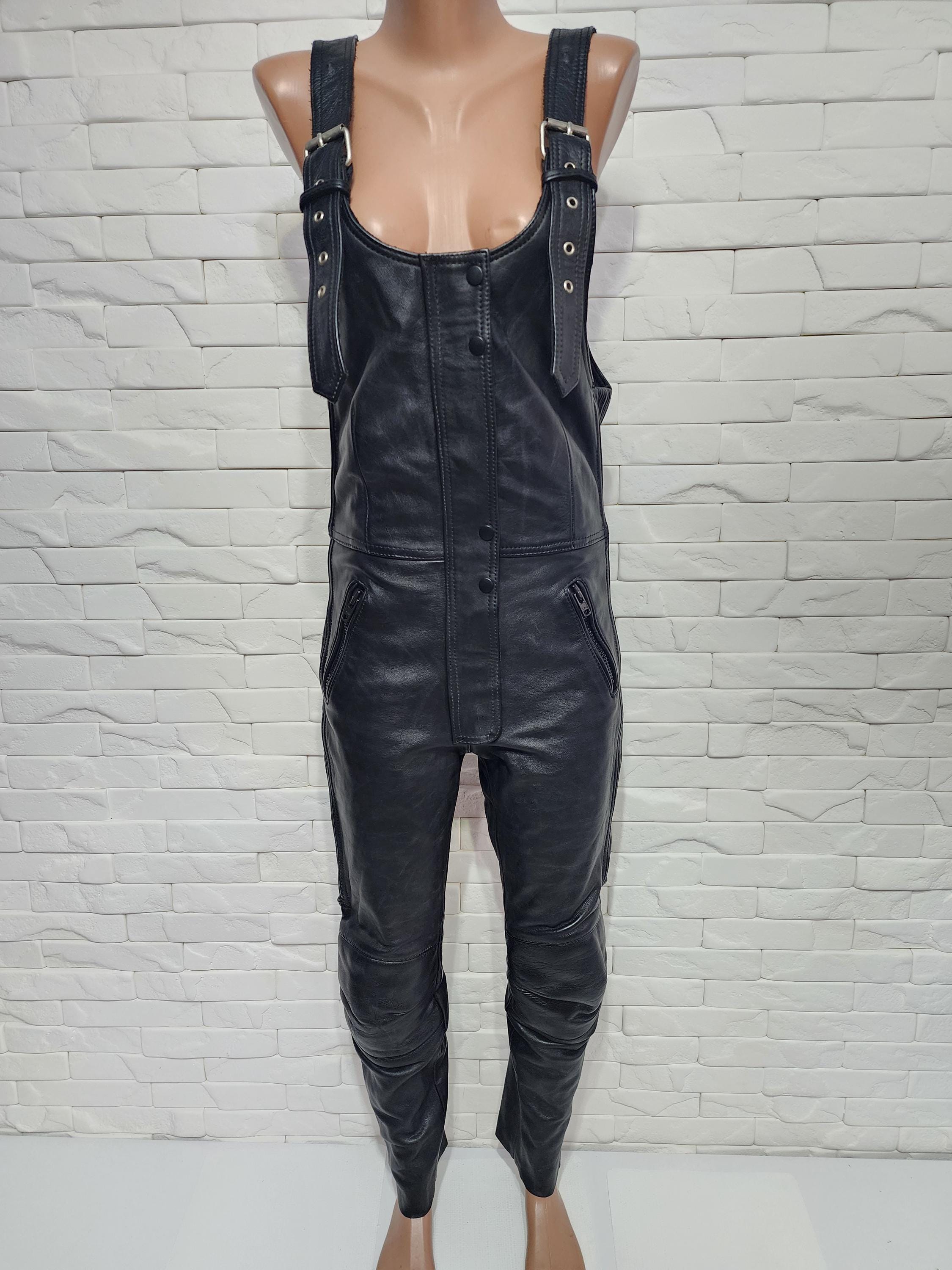 Unisex Black Leather Biker Jumpsuit: Durable Motorcycle Overalls