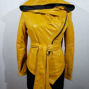 Vintage Yellow Leather Hooded Jacket: Women&#39;s Belted Moto Coat