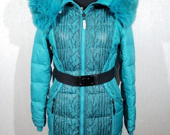 Green Down Puffer Coat: Hooded Fur Trim Winter Jacket