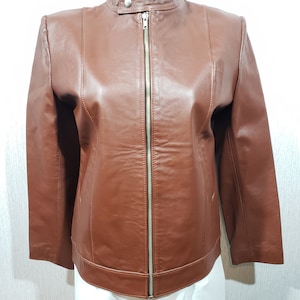 Veste en cuir marron vintage : veste sport zippée pour femmes