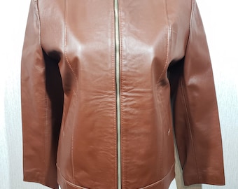 Vintage Brown Leather Jacket: Women's Sporty Zip-Up