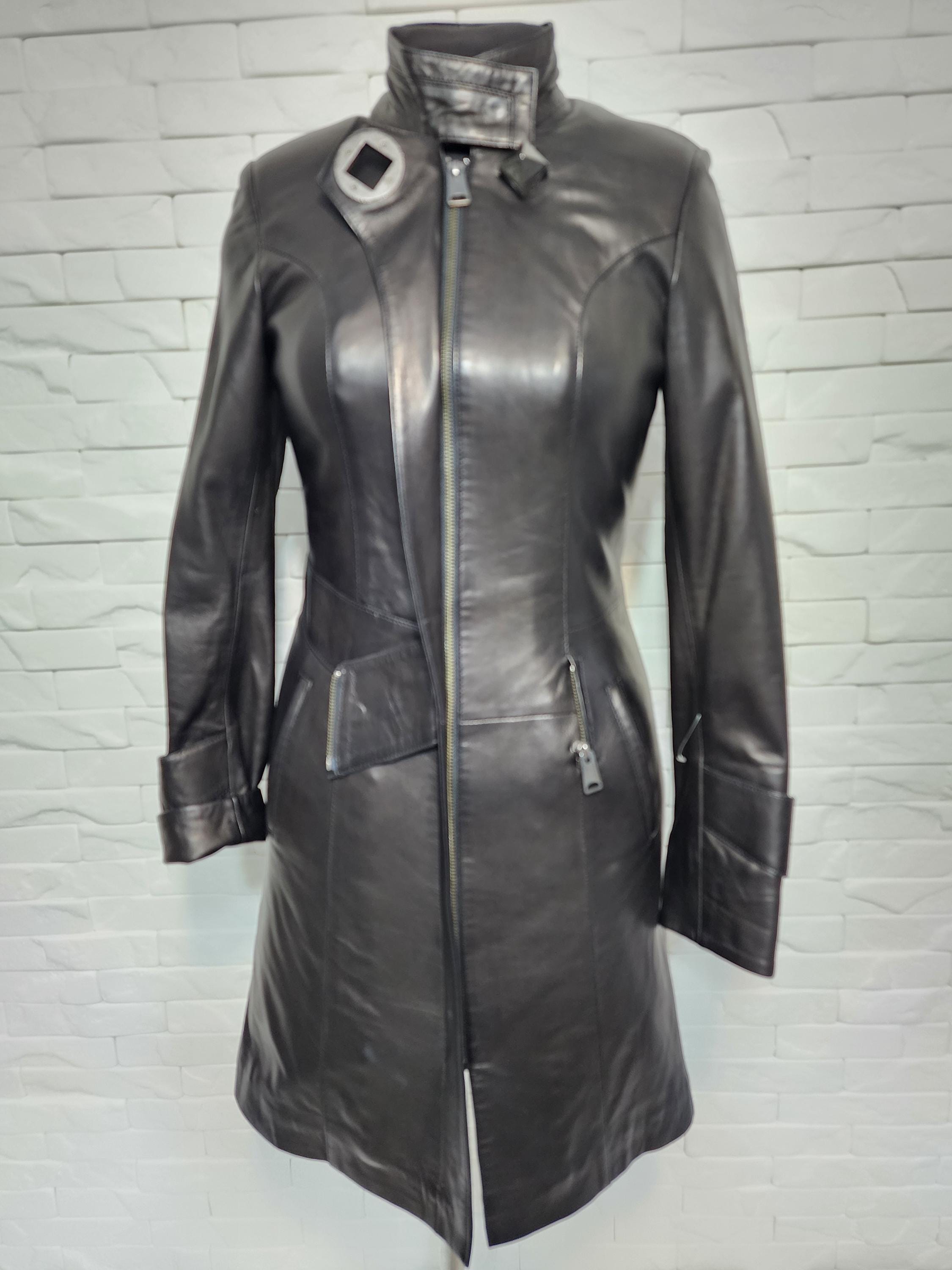 Vintage Black Leather Trench Coat: Women's Long Raincoat, Size S