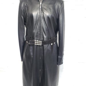 Women black leather raincoat. Women leather trench coat. Black leather long coat for women