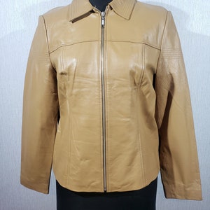 Blouson femme marron en cuir véritable : fermeture éclair en métal, taille M