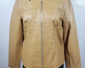 Brown Genuine Leather Women's Jacket: Metal Zipper, Size M
