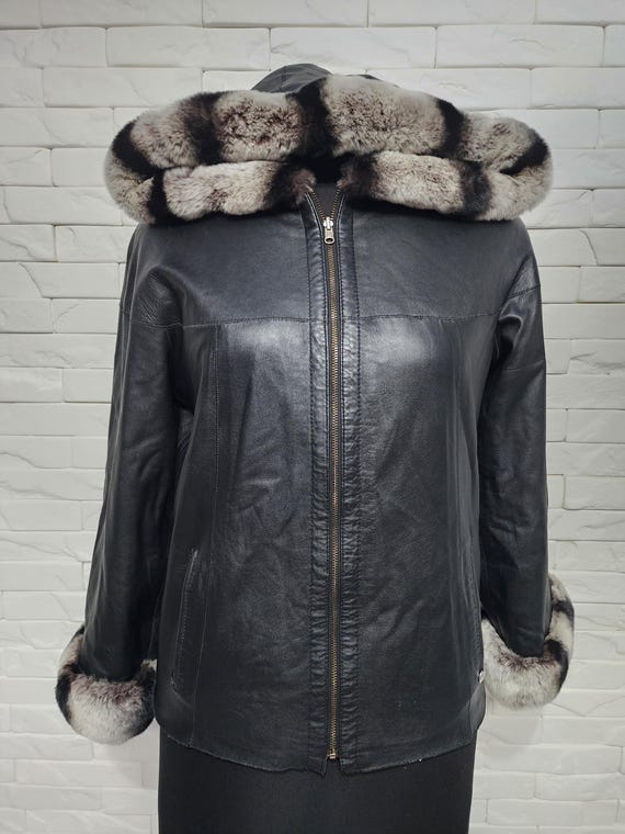 Reversible Black Leather Jacket: Gray Faux Fur Hooded Coat - Etsy