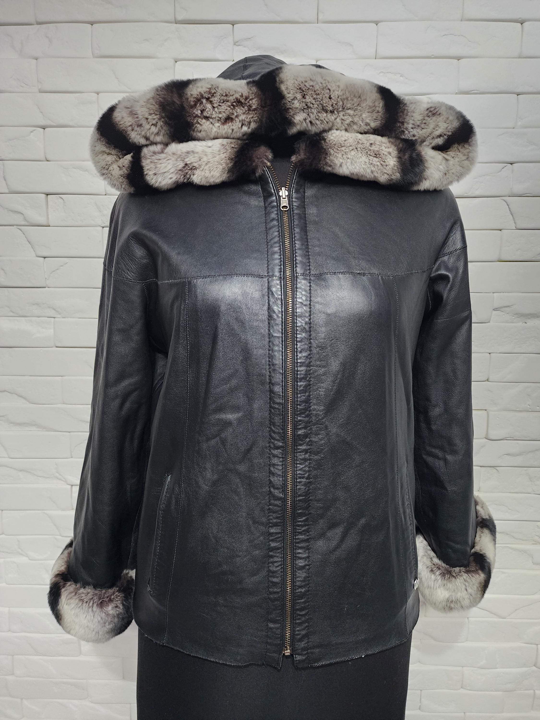 Reversible Black Leather Jacket: Gray Faux Fur Hooded Coat - Etsy