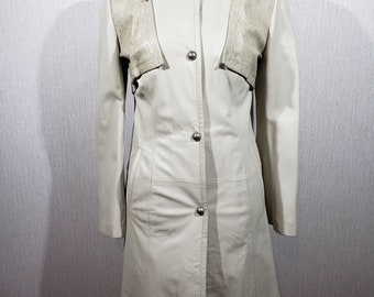 Elegant Beige Leather Jacket: Longline Women's Coat, Metal Snaps