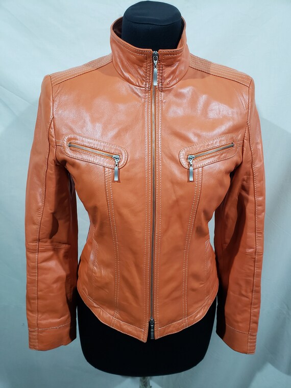 Vintage Orange Leather Jacket: Women's Metal Zipper Moto Style - Etsy
