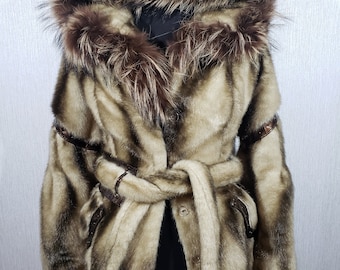 Hooded Faux Fur Coat: Brown Belted Women&#39;s Winter Coat