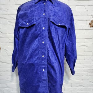 Vintage Blue Suede Leather Shirt: Women's Metal Snaps Jacket