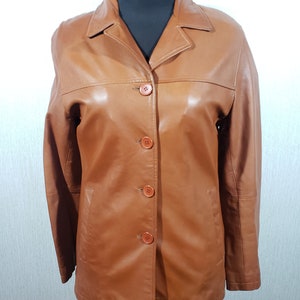 Veste en cuir marron vintage : manteau boutonné en cuir véritable pour femme