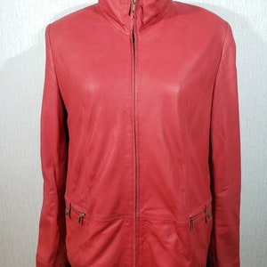 Delicate Red Genuine Leather Jacket - Women&#39;s Metal Zipper