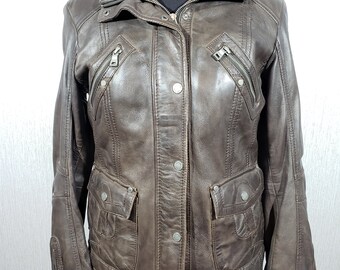 Luxury Brown Leather Zip Jacket: Women's Genuine Leather with Pockets