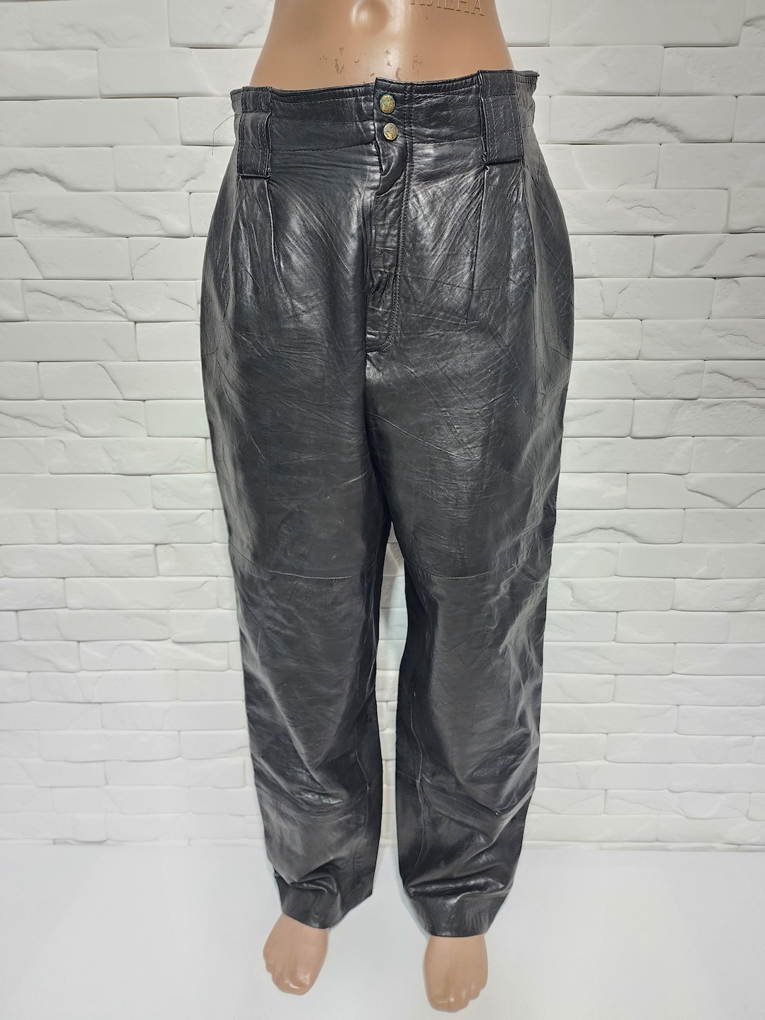Vintage Black Leather Men's Pants: Wrinkled Genuine Leather, Metal
