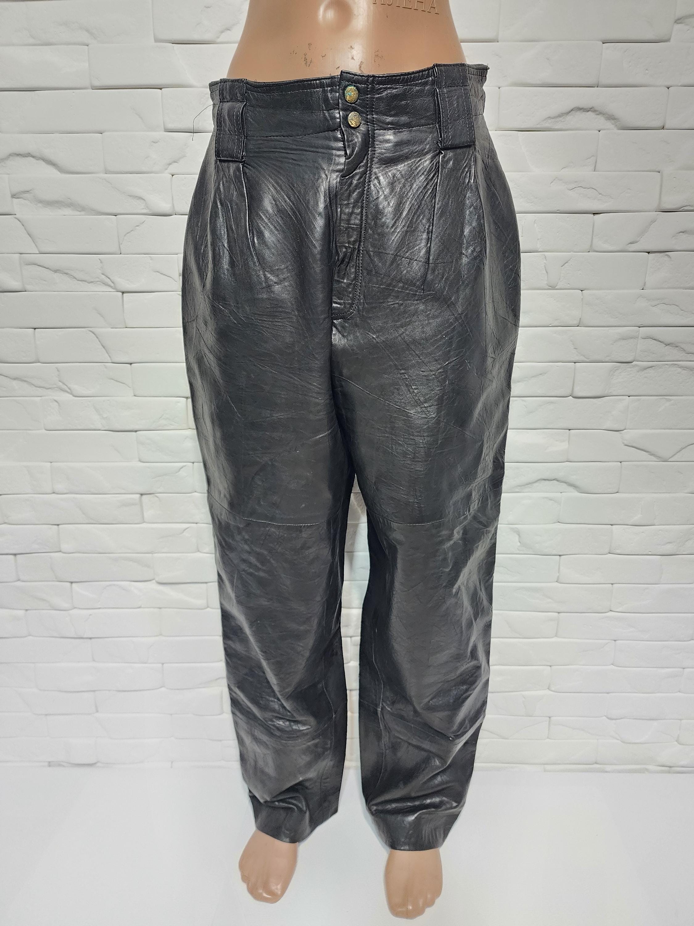Vintage Black Leather Men's Pants: Wrinkled Genuine Leather, Metal